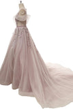 2024 Ball Gown Prom Dresses Scoop Brush Train Appliques Fairy Dress Tulle PBYH6N7Z