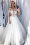 Charming Long Sleeve White Tulle Prom Dresses with Appliques, Long Evening Dress STK15105