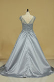 2024 Ball Gown Scoop With Embroidery Prom Dresses Satin Sweep P1Q34SB5