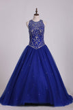 2024 Dark Royal Blue Scoop Quinceanera Dresses Ball Gown Tulle With Beading Court PQQPSN71