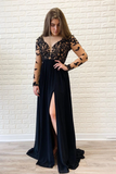 Long Sleeves Black Formal Dress High Slit Sexy Chiffon Long Prom Dress STKPGNANEC5