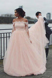 Off The Shoulder Long Sleeves A-Line Wedding Dresses Tulle Bridal STKP2K63XZ9