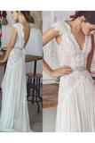 Unique V Neck Cap Sleeves Chiffon Beach Wedding Dress With Beading STKPGG9HAF7