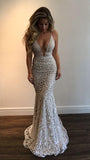 Gorgeous Deep V-Neck Spaghetti Straps Sleeveless Mermaid Long Prom Dresses