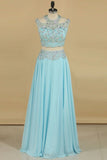 2024 A Line Prom Dresses Two Pieces Scoop Beaded Bodice Chiffon Sweep Train PEGKNKXX
