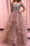 Elegant Rhinestones Layered Off the Shoulder Prom Dresses, Rose Pink Tulle Party Dresses STK15196
