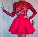 High Neckline Long Sleeves Red Lace Top Short Prom Dresses, Homecoming Dresses STK15237
