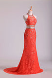 2024 Two Pieces Mermaid High Neck Prom Dresses Lace With Beads P2MKXNJT