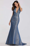 Sexy V Neck Halter Blue Backless Prom Dresses, Cheap Long Party Dresses STK15365
