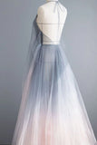 Simple Deep V Neck Ombre Tulle Halter Sleeveless Prom Dresses Backless Formal Dresses STK15391