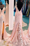 Unique Mermaid V Neck Spaghetti Straps Pink Prom Dresses, Cheap Party Dress STK15605