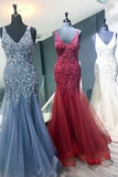 Elegant Mermaid V Neck Straps Tulle Long Prom Dresses Cheap Evening Dresses STK14975