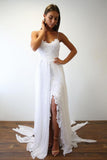 Spaghetti Straps Sweetheart White Lace Wedding Dresses with Chiffon Beach Bridal Dress STK15420