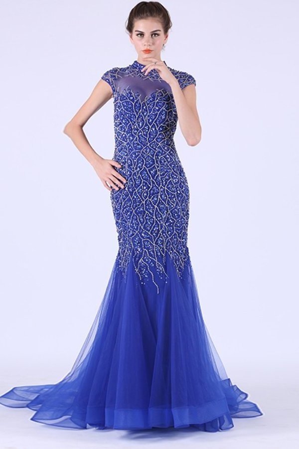 2024 Tulle Prom Dresses High Neck Mermaid With PYYTGXJK