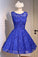 Blue Knee Length Homecoming Dresses with Beads Straps Short Prom Dresses