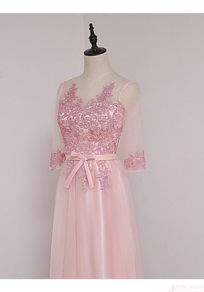 A-line Scoop Half Sleeve Lace/Applique Floor-length Prom Dresses Evening Dresses