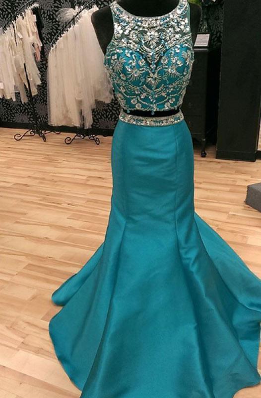 Two Pieces Beading Bodice Floor Length Prom Dresses Evening