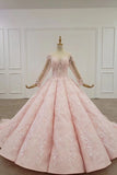 Elegant Ball Gown Pink Long Sleeves Appliques Prom Dresses, Quinceanera STK20482