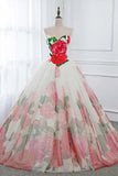 Ball Gown Floral Satin Long Tulle Evening Dresses with Lace up, Sweetheart Red Prom Dresses STK15057