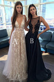 Chic Sleeveless V-Neck A-Line Lace Tulle Lone Prom Dresses