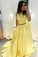 2 Pieces Long A-Line Yellow Satin Simple Cheap Prom Dresses PLGXEJ3Z