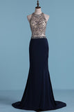 2024 Two Pieces Prom Dresses Sheath With Beading And Slit PY52KS14