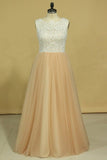 2024 Plus Size Scoop A Line Prom Dresses Tulle & Lace Floor PQQGFRLR