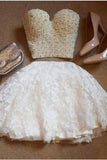 A-Line Two Pieces Sweetheart Short White Lace Knee Length Homecoming Dress with Pearls
