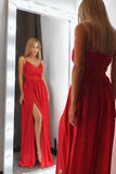 Sexy Red V-Neck Spaghetti Straps Satin Lace Bodice Floor Length Split Prom Dresses