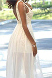 Cheap Popular Backless Sleeveless V-Neck Ivory Lace Side Slit Chiffon Prom Dresses