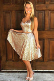 A-Line V-Neck Golden Sleeveless Knee-length Sequins Two Piece Homecoming Dresses