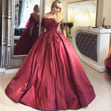 2024 Dark Red Lace Long Sleeve Prom Dress Off-the-Shoulder Ball Gown Quinceanera Dress
