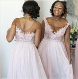 A-Line Pink Princess High Slit Scoop Sleeveless Lace Applique Chiffon Bridesmaid Dresses
