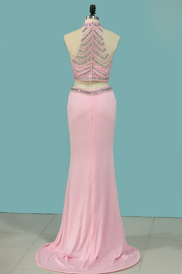 2024 Two-Piece Prom Dresses Mermaid Spandex High Neck PKDCD1GE