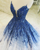 Ombre Ball Gown Royal Blue Prom Dresses With Appliques, Long V Neck Quinceanera Dresses STK15275