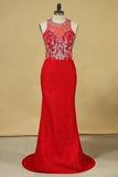 2022 Red Plus Size Prom Dresses Scoop Beaded Bodice Sweep Train P718ALTZ