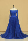 2024 Prom Dresses Boat Neck Long Sleeves A Line Tulle With Beading Sweep P8Z8HEAX