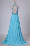 2022 Sexy Open Back Halter Chiffon & Tulle With Beading A Line PQA15QXA
