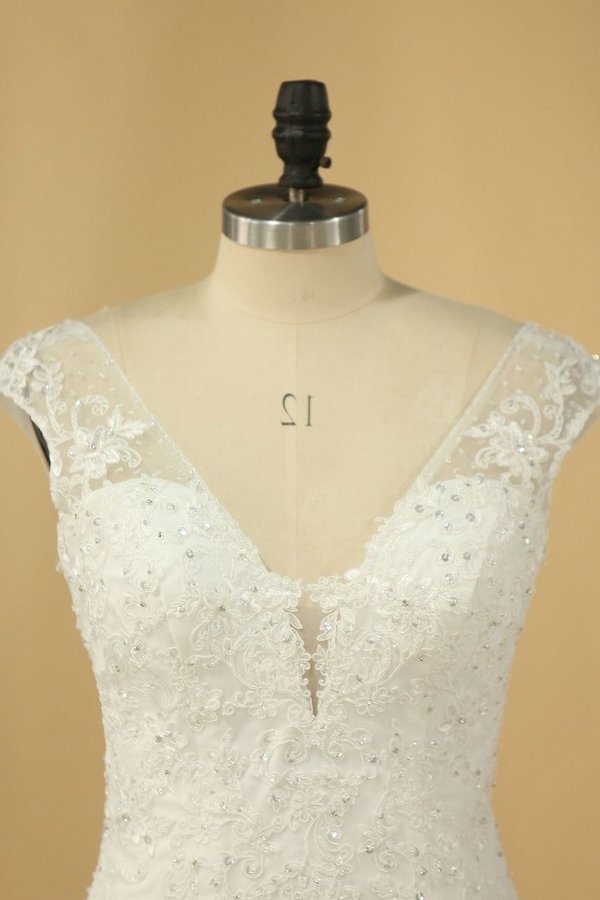 2024 V Neck A Line Wedding Dresses Tulle With Applique PCPHTD51