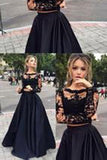 Black two pieces long sleeve prom dress A-line lace two pieces long prom dress grad dresses