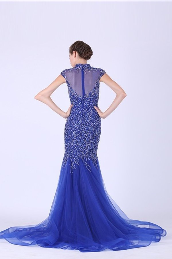 2024 Tulle Prom Dresses High Neck Mermaid With PYYTGXJK