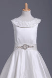 Ankle Length Scoop Flower Girl Dresses A Line Satin With Embroidery PRMGGLKY