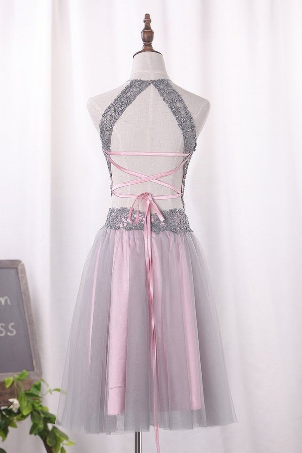 2024 Two Pieces Halter Homecoming Dresses A Line Tulle Short/Mini PRA5BHPC