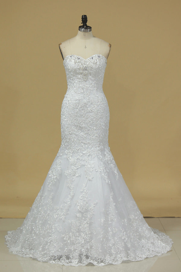 2024 Sweetheart Wedding Dresses Mermaid Tulle With Applique And Beads PMNP2AKC