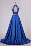 2024 Two Pieces High Neck A Line Prom Dresses Beaded Bodice Satin P69BLANY