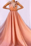 Charming Orange 3D Flowers Long Prom Dresses V-neck Tulle Cheap Evening Dresses STK15120