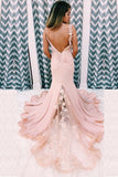 Unique Mermaid V Neck Spaghetti Straps Pink Prom Dresses, Cheap Party Dress STK15605