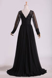2024 Black Evening Dresses Long Sleeves A Line Chiffon With Applique & PYNHH3PH