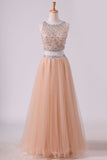 2024 Two Pieces Bateau Beaded Bodice Prom Dress A Line Tulle PCZSNM3F