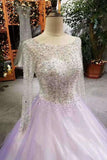 2024 A-Line Tulle Prom Dresses Lace Up With Bling Bling Beaded Bodice Full Sleeves PK1FZFTS